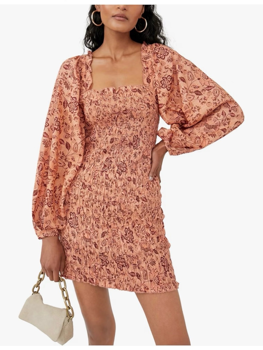 Free People Smock it To me Floral Mini Dress in Dusty Peach size large